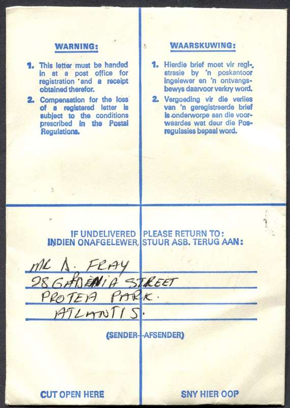 RSA - Cover Registered At Wesfleur Post Office