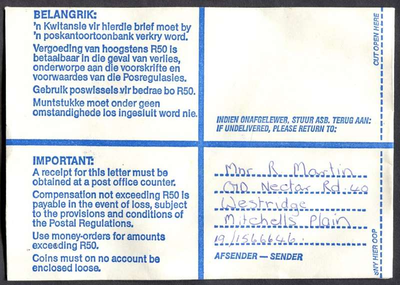 RSA - Cover Registered At Westridge Post Office