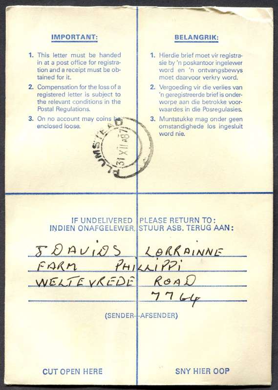 RSA - Cover Registered At Westridge Post Office