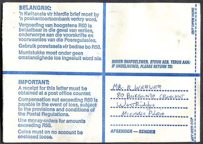 RSA - Cover Registered At Westridge Post Office