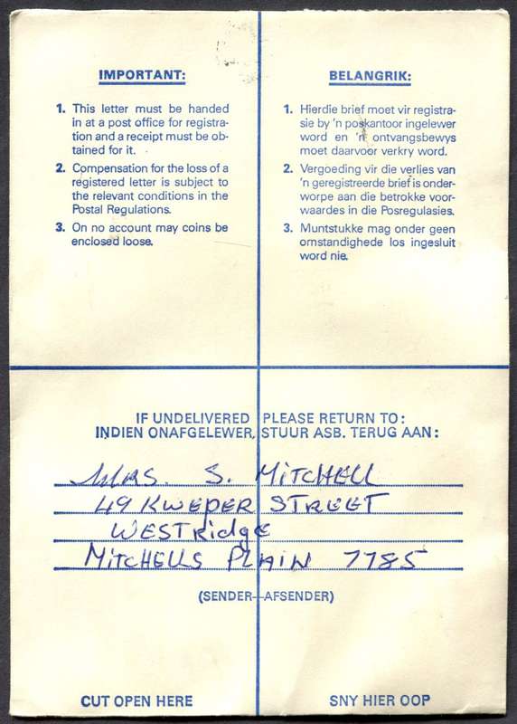 RSA - Cover Registered At Westridge Post Office