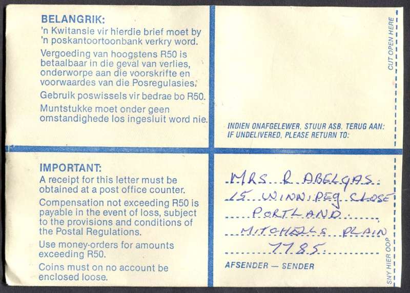 RSA - Cover Registered At Westridge Post Office