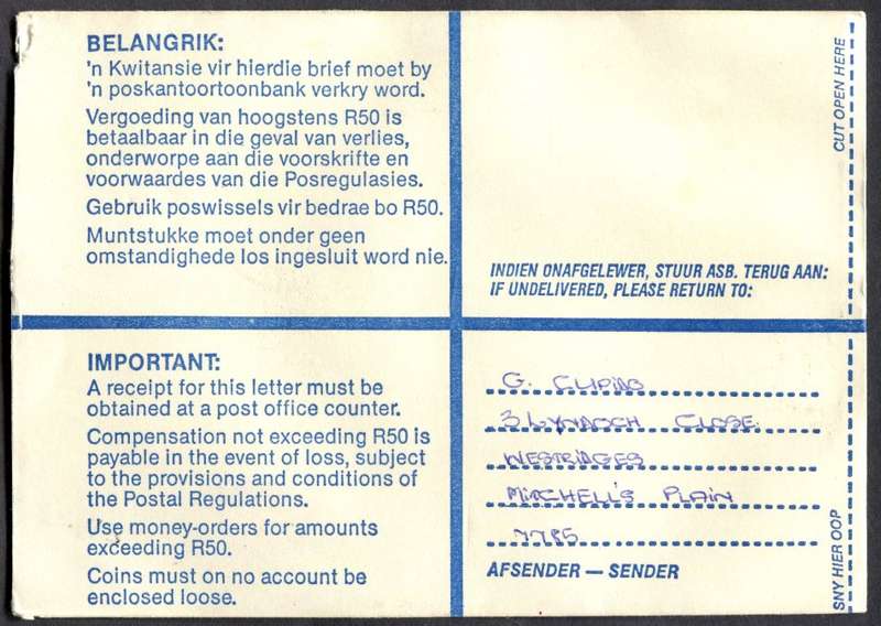 RSA - Cover Registered At Westridge Post Office