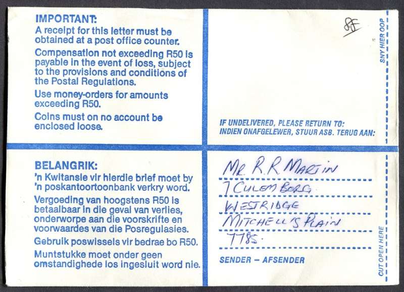 RSA - Cover Registered At Westridge Post Office