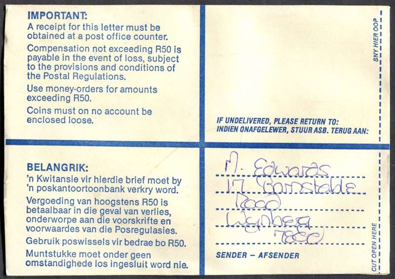 RSA - Cover Registered At Wynberg K/C Post Office