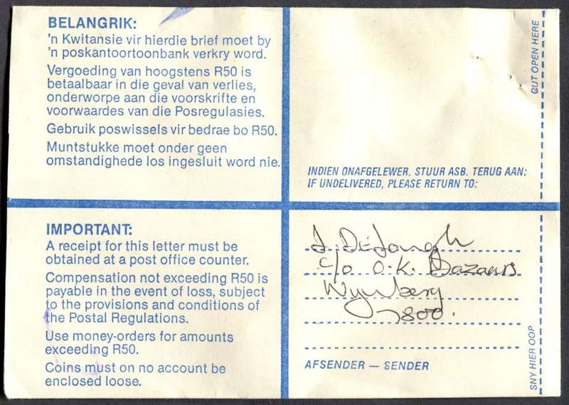 RSA - Cover Registered At Wynberg K/C Post Office