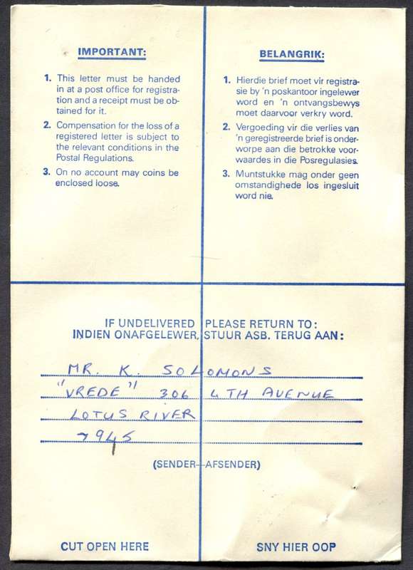 RSA - Cover Registered At Wynberg K/C Post Office