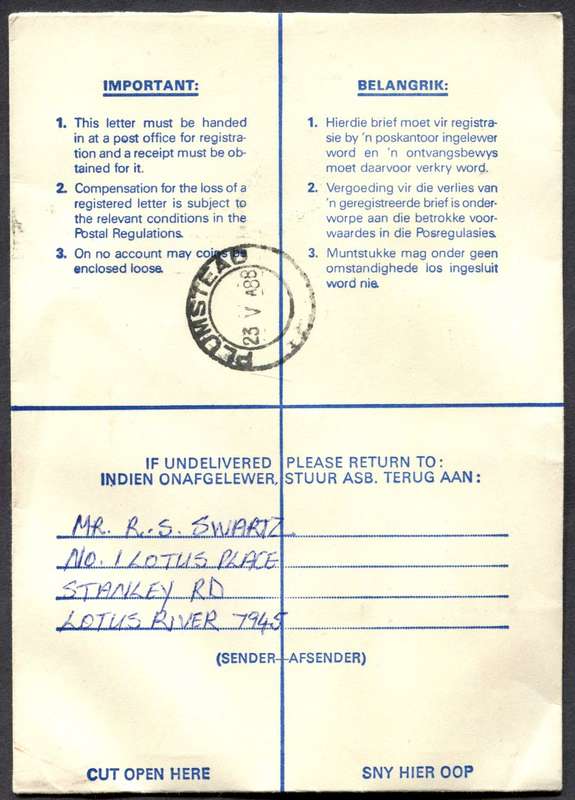 RSA - Cover Registered At Wynberg K/C Post Office