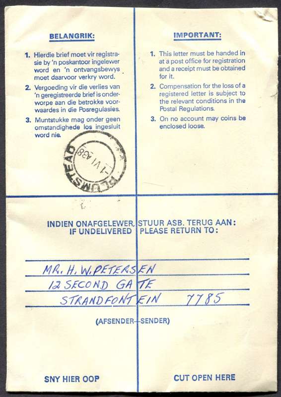 RSA - Cover Registered At Wynberg K/C Post Office