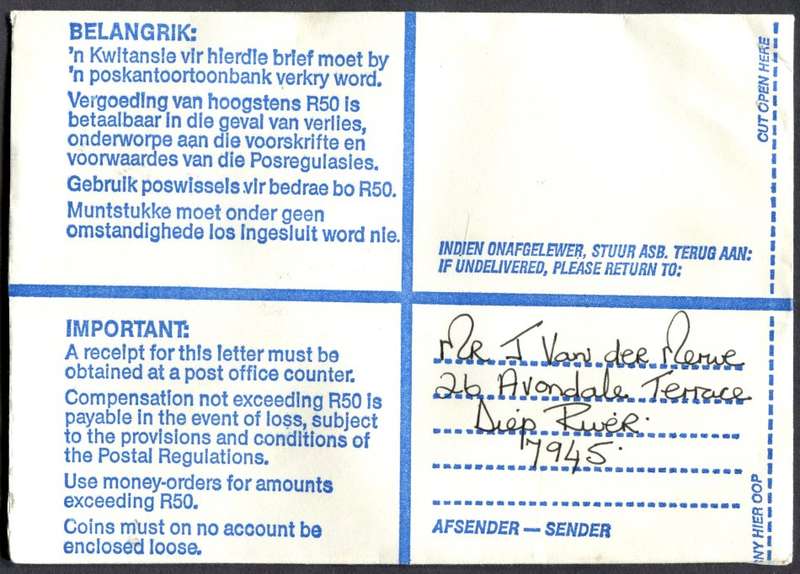 RSA - Cover Registered At Wynberg K/C Post Office