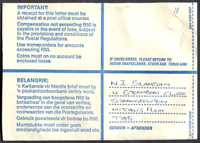 RSA - Cover Registered At Wynberg K/C Post Office