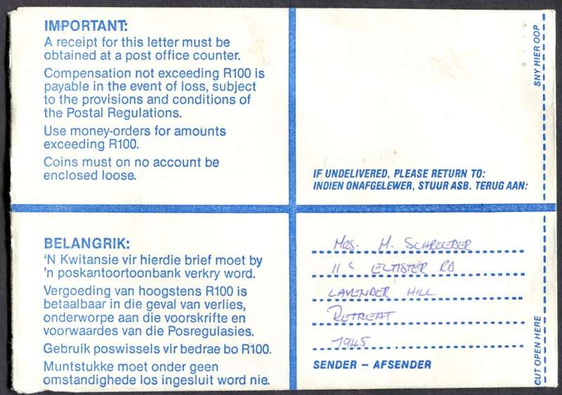 RSA - Cover Registered At Wynberg K/C Post Office