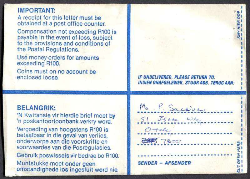 RSA - Cover Registered At Wynberg K/C Post Office