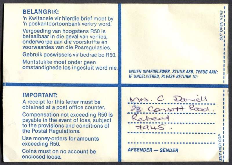 RSA - Cover Registered At Wynberg K/C Post Office