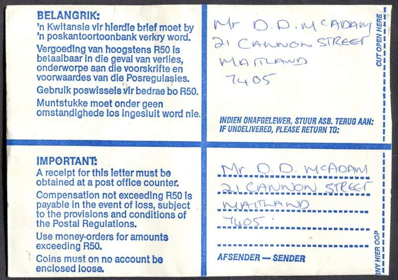 RSA - Cover Registered At Ysterplaat Post Office