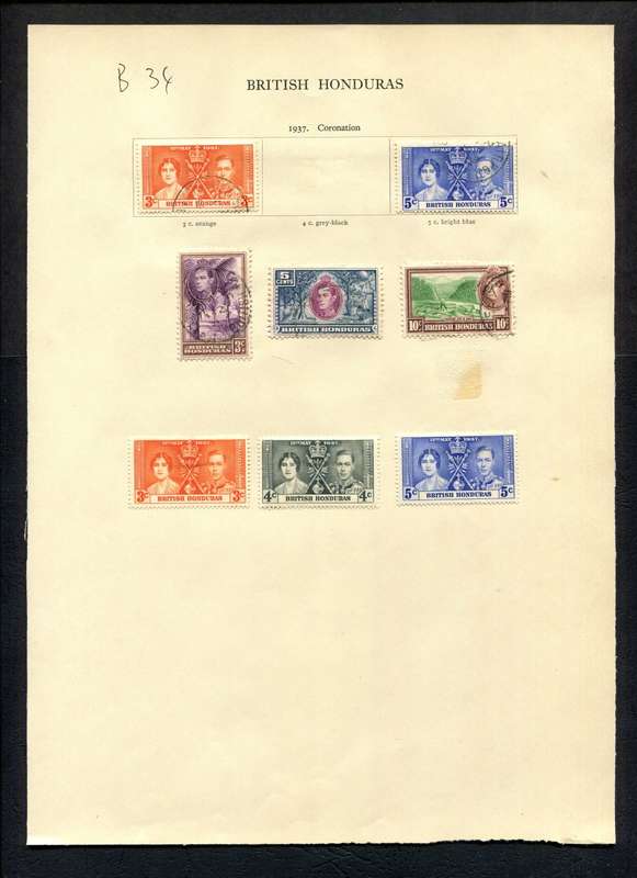 British Honduras - 8 Stamps Mounted (Hinged) on Old Album Page