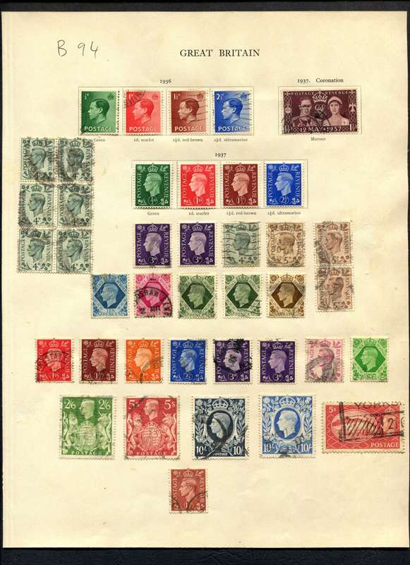 Great Britain - 40 Stamps Mounted (Hinged) on Old Album Page
