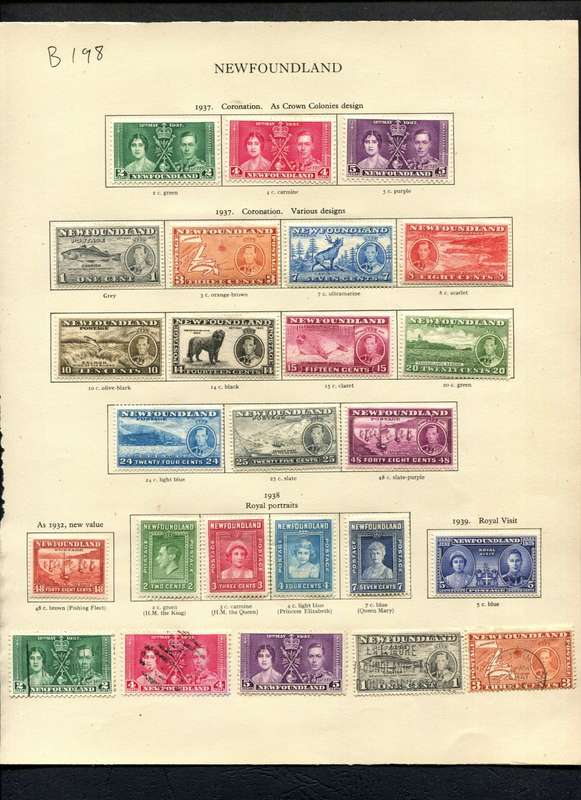 Newfoundland - 25 Stamps Mounted (Hinged) on Old Album Page