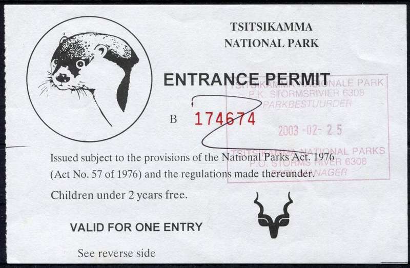 Entrance Permit - Tsitsikamma National Park - Used