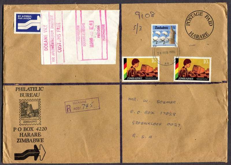 Zimbabwe - Registered Cover (25 x 18cm) With Customs Contents and Customs Free Labels