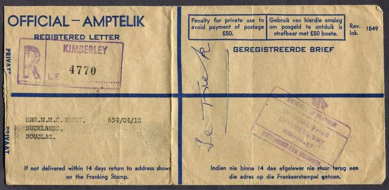 Union of SA - Cover Registered At Kimberley Post Office
