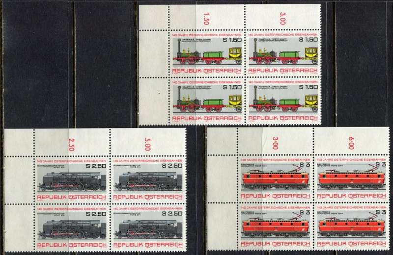 Austria - Trains - Set of 3 Blocks of 4 - 1977 - MNH