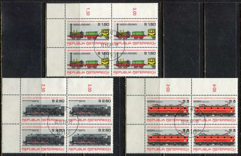 Austria - Trains - Set of 3 Blocks of 4 - 1977 - Used(CTO)