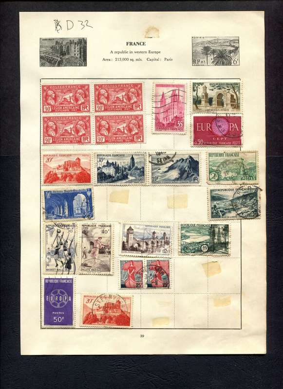 France - 21 Stamps Mounted (Hinged) on Old Album Page