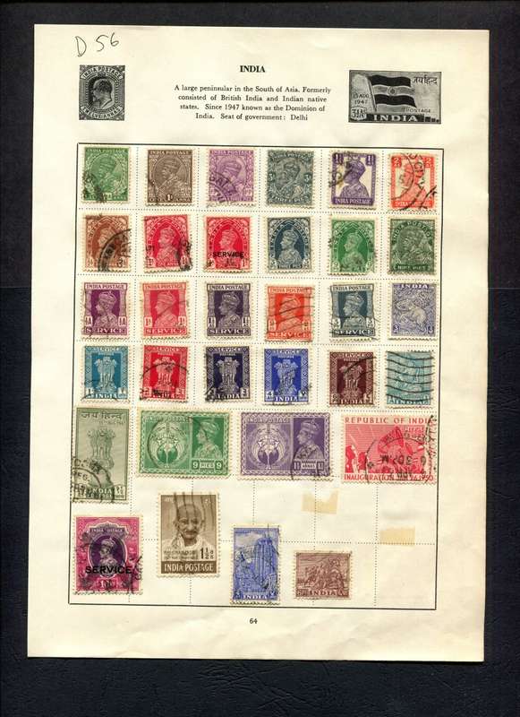 India - 32 Stamps Mounted (Hinged) on Old Album Page