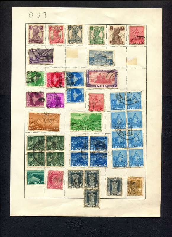 India - 41 Stamps Mounted (Hinged) on Old Album Page