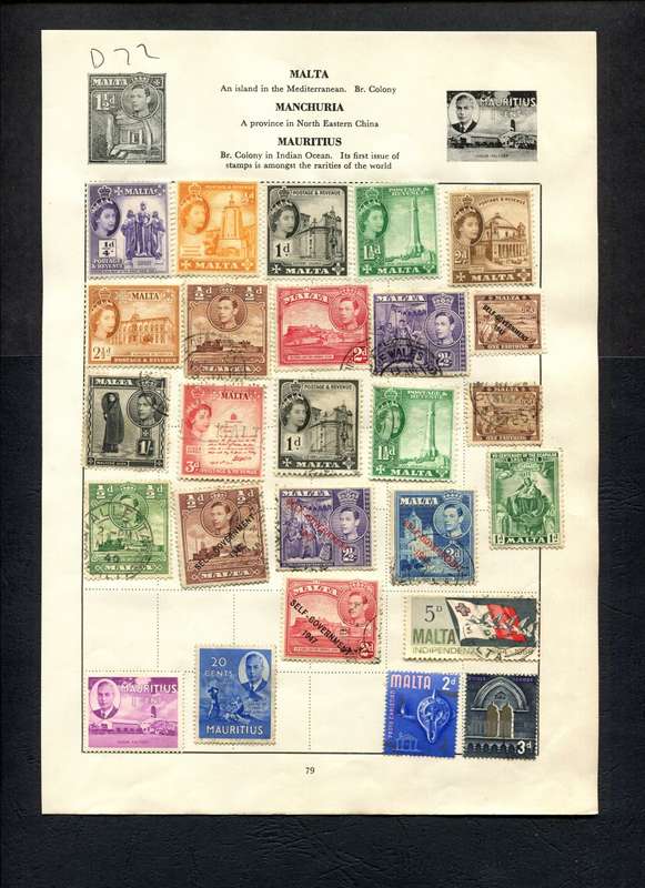 Malta/Mauritius - 26 Stamps Mounted (Hinged) on Old Album Page