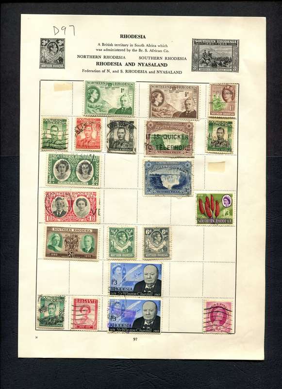 Rhodesia - 19 Stamps Mounted (Hinged) on Old Album Page