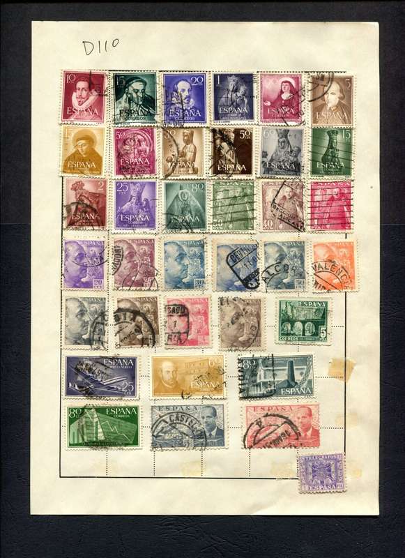Spain - 36 Stamps Mounted (Hinged) on Old Album Page