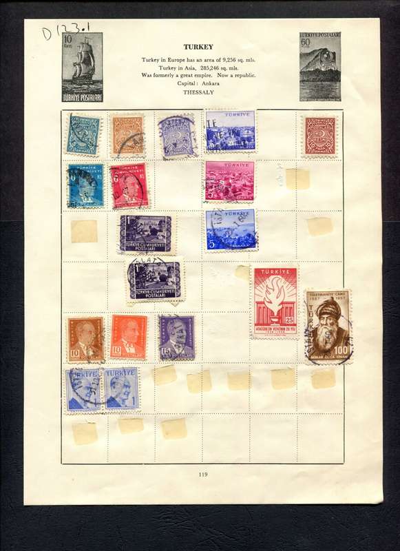 Turkey - 18 Stamps Mounted (Hinged) on Old Album Page