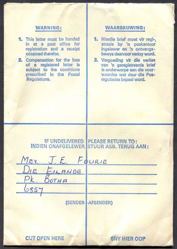 RSA - Cover Registered At Breerivier Post Office