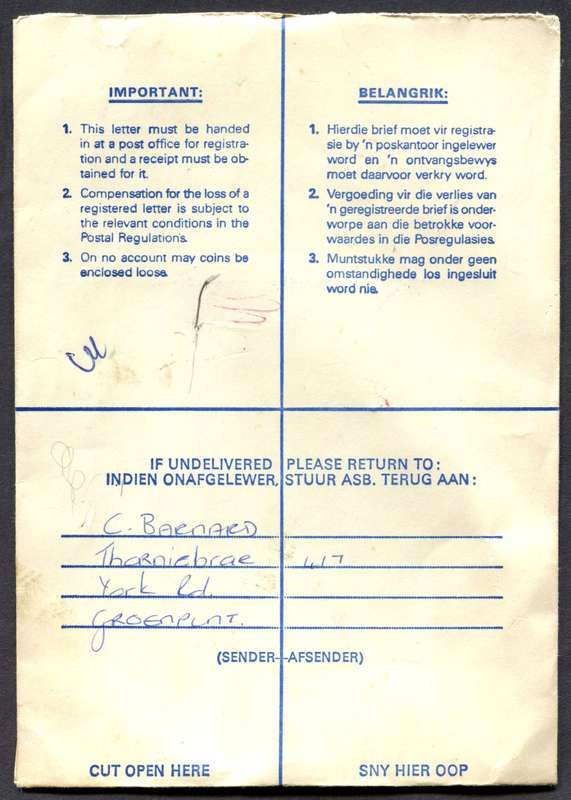 RSA - Cover Registered At Cape Town Post Office