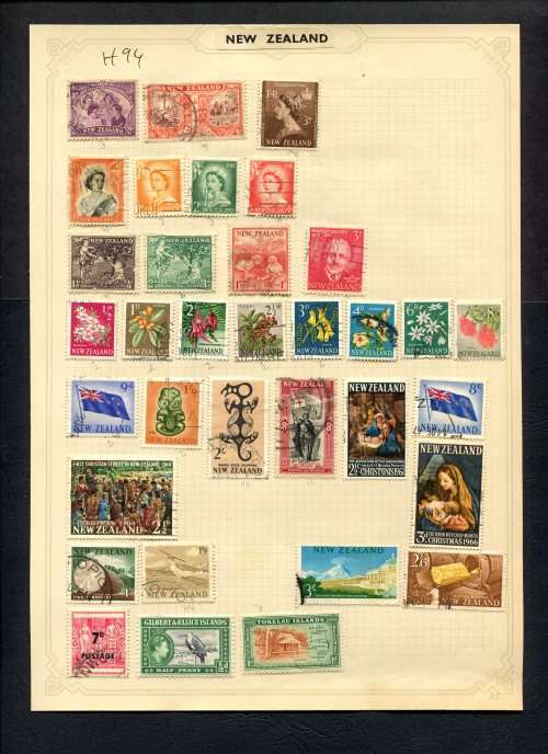 New Zealand - 34 Stamps Mounted (Hinged) On Old Album Page