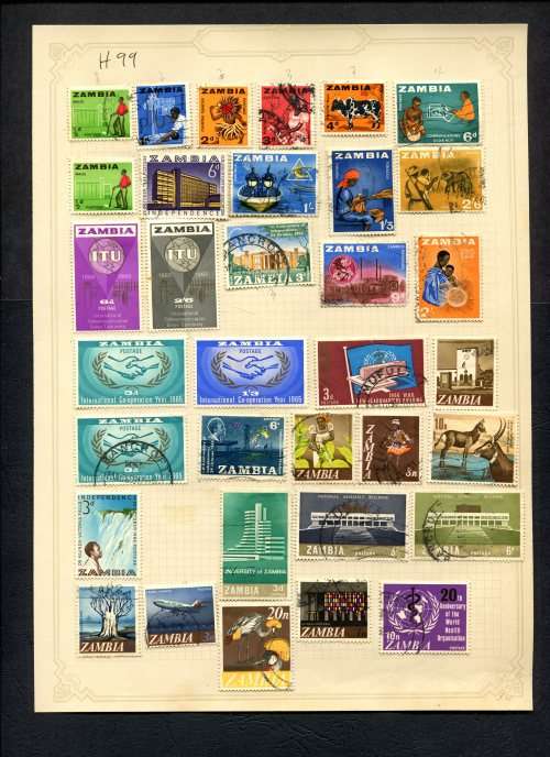 Zambia - 34 Stamps Mounted (Hinged) On Old Album Page