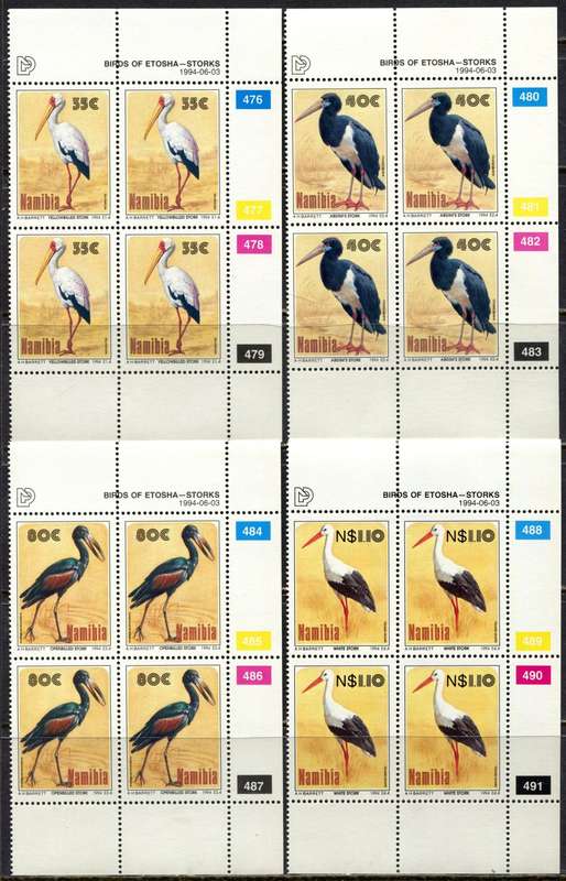 Namibia - Birds - Set of 4 Control Blocks of 4 - 1994 - MNH