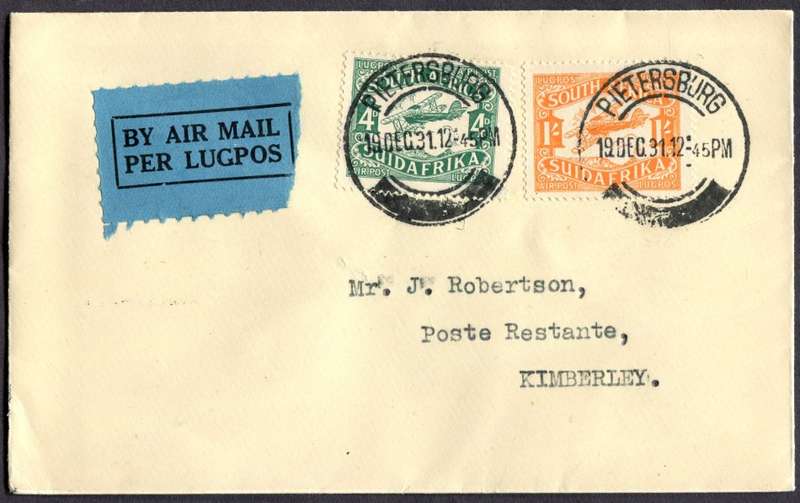 Union of SA - Flight Cover - From Pietersburg to Kimberley