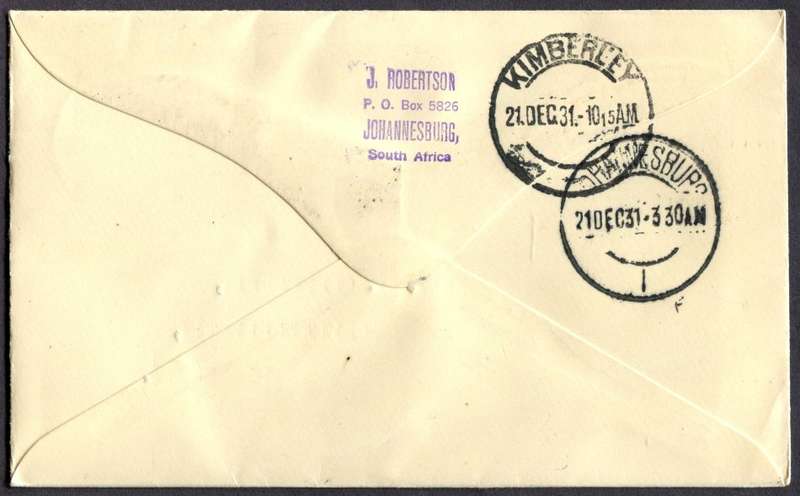 Union of SA - Flight Cover - From Pietersburg to Kimberley