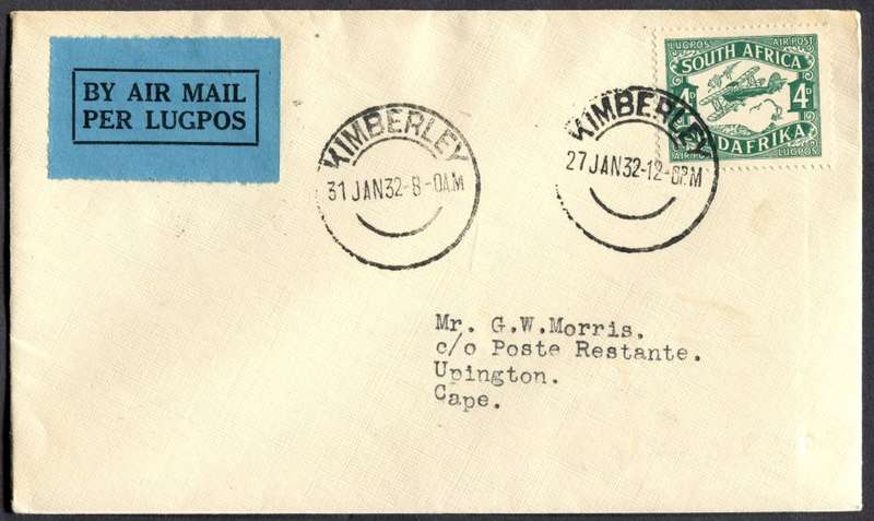 Union of SA - Flight Cover - From Kimberley To Upington