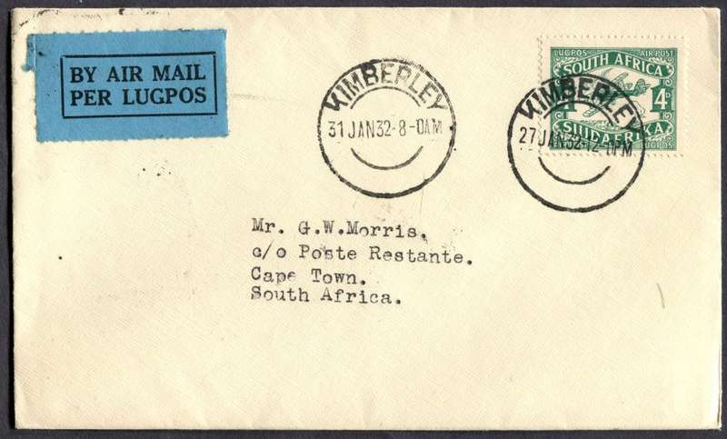 Union of SA - Flight Cover - From Kimberley To Cape Town