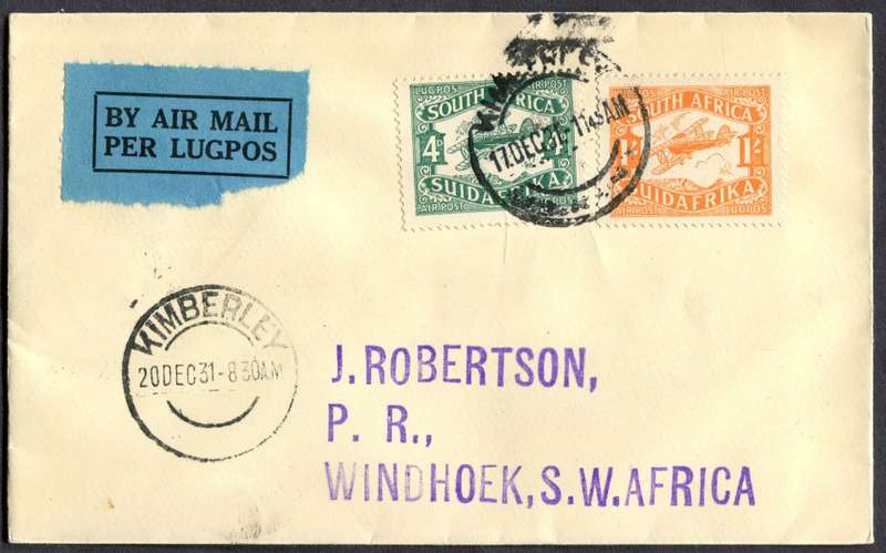 Union of SA - Flight Cover - From Kimberley To Windhoek