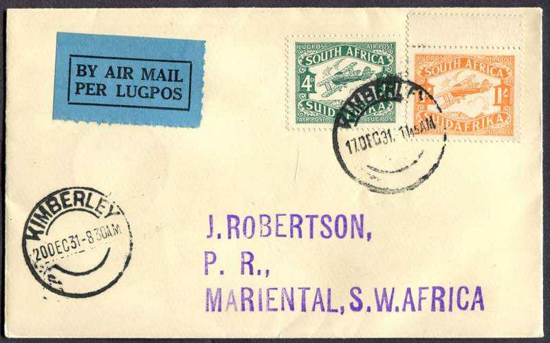Union of SA - Flight Cover - From Kimberley To Mariental