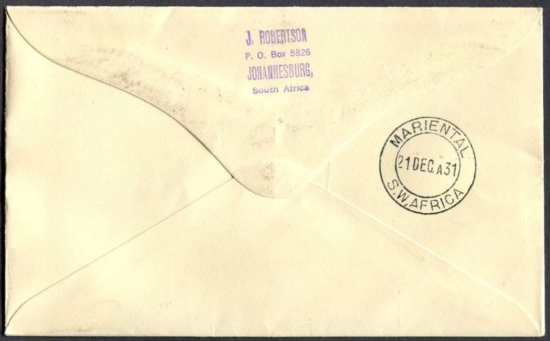 Union of SA - Flight Cover - From Kimberley To Mariental