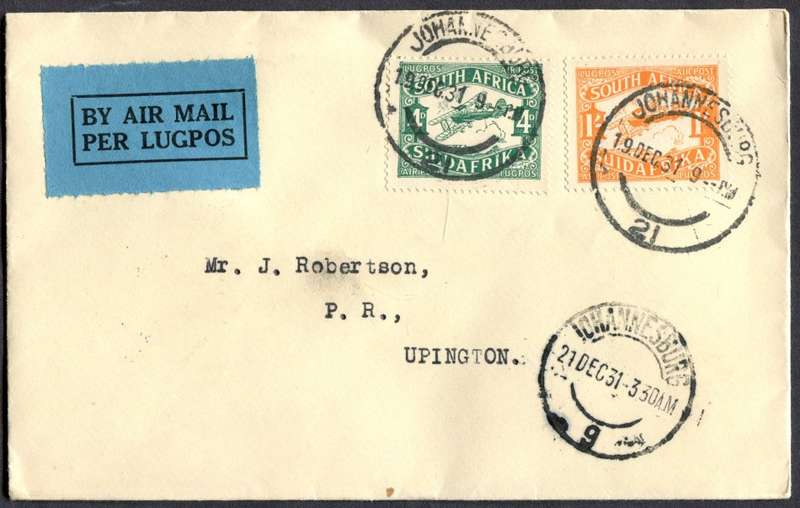 Union of SA - Flight Cover - From Johannesburg To Upington