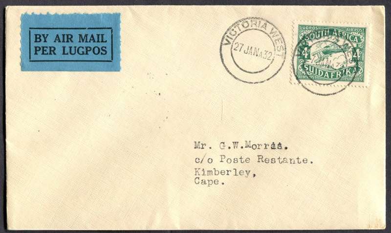 Union of SA - Flight Cover - From Victoria West To Kimberley