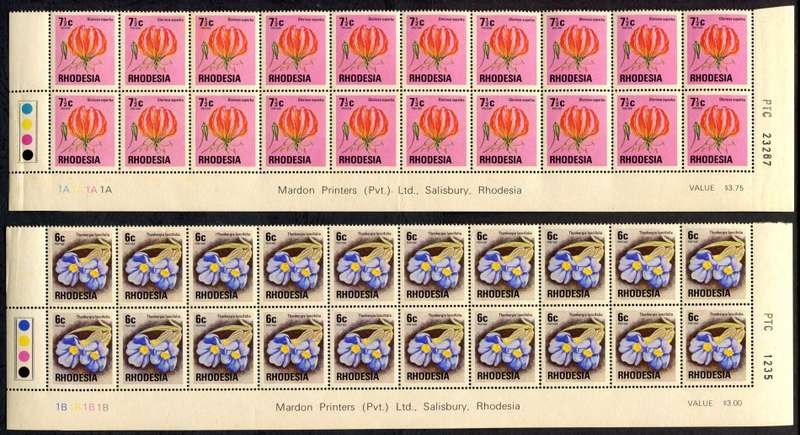 Rhodesia - 4 Double Bottom Rows + 1 Triple Bottom Row - Brown Gum Except 2.5c - 1974 - MNH