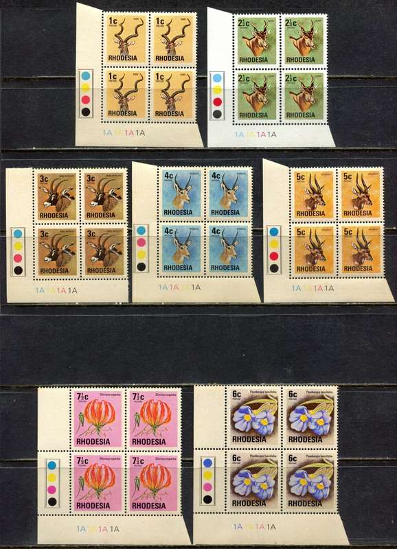Rhodesia - Set of 15 Control Blocks of 4 - 1A  - Brown Gum Except 2.5c - 1974 - MNH